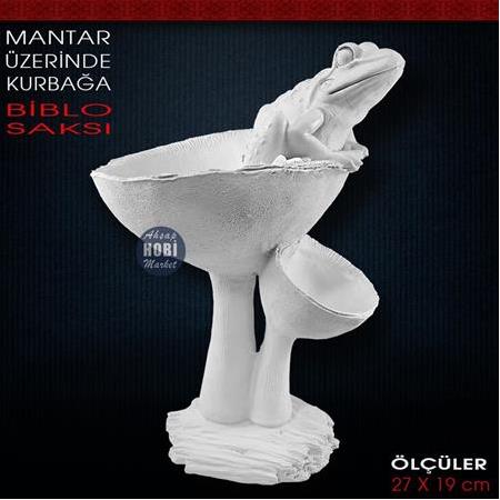 Mantar Üzerinde Kurbağa Biblo Saksı (27x19 cm) Ham Polyester