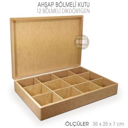 Ahşap 12 Bölmeli Dikdörtgen Büyük Kutu (35x25cm)