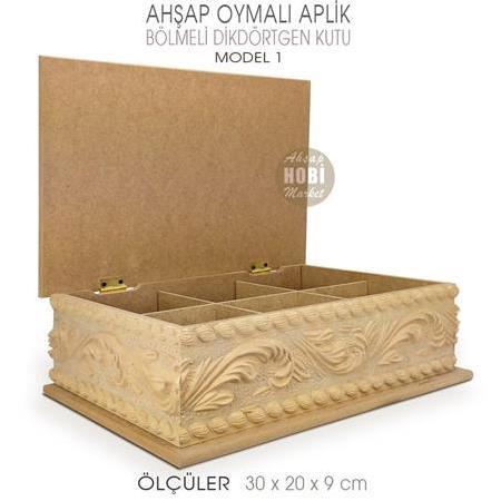 Ahşap Dikdörtgen Oymalı Aplik Bölmeli Kutu (30x20 cm) Model 1