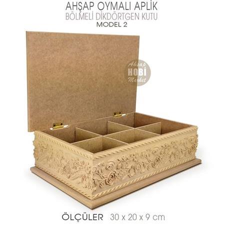 Ahşap Dikdörtgen Oymalı Aplik Bölmeli Kutu (30x20 cm) Model 2