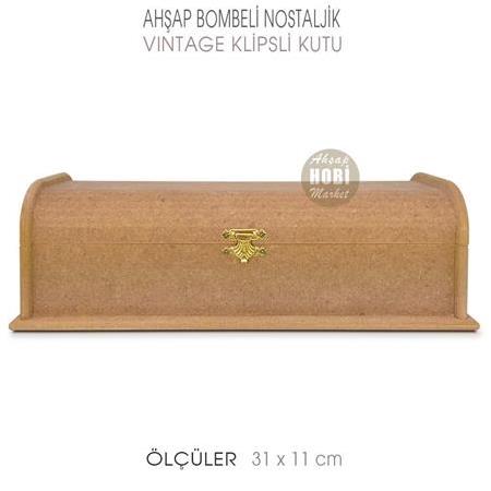 Ahşap Bombeli Lüks Nostaljik Kutu (31x11cm) Metal Klipsli