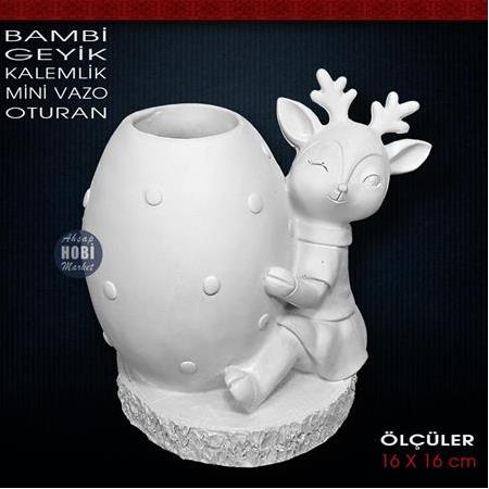 Bambi Geyik Kalemlik Vazo Oturan (16x16 cm) Ham Polyester