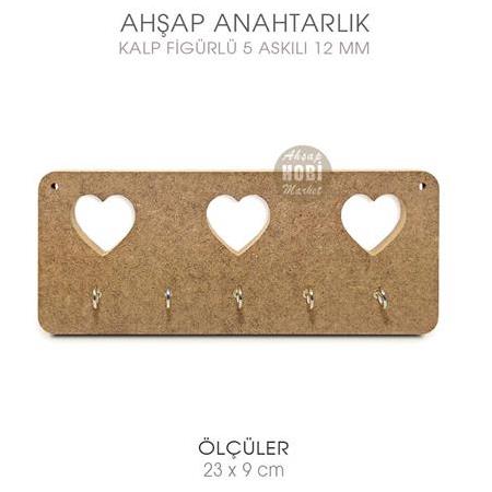 Ahşap Kalp Figürlü 5 Askılı Anahtarlık (23x9 cm)