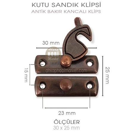 Toptan Kancalı Kutu Sandık Klipsi 50 Adet (30x25 mm) Antik Bakır